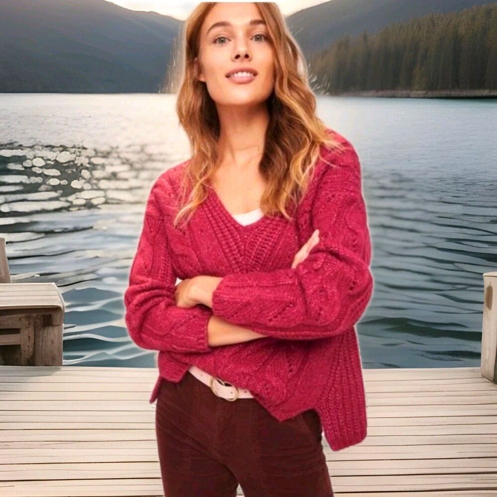 ANTHROPOLOGIE Ramona Cable-Knit V-Neck Sweater Size Medium M Berry Red